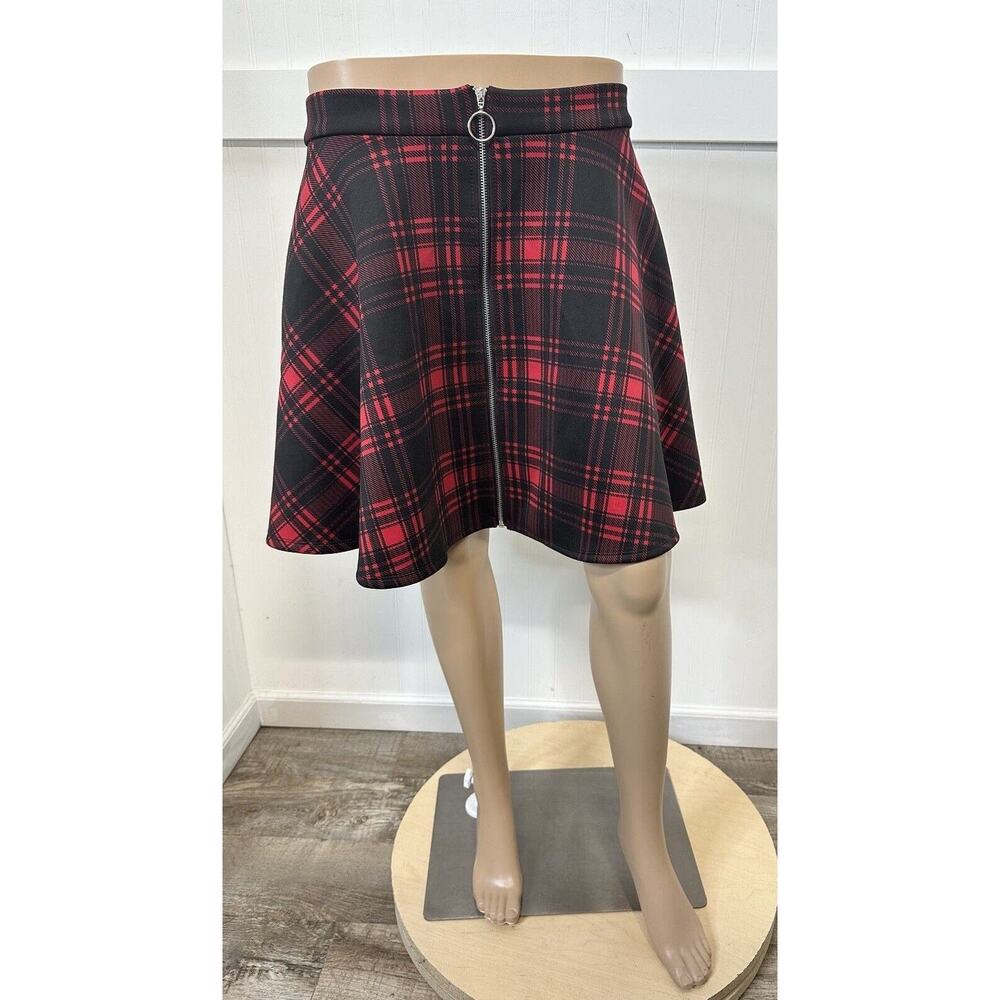 Plaid Skirt Hot Topic Womens Large Red Zip Off Circle Short Academia Pockets EUC